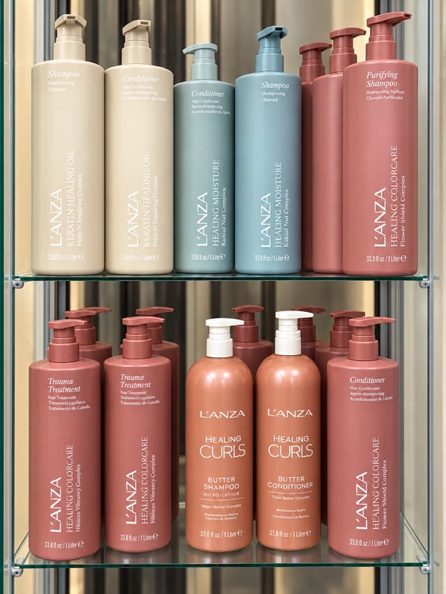 L'ANZA Healing Colorcare and Curls shampoo and conditioner range on display at Bita Hair Studio