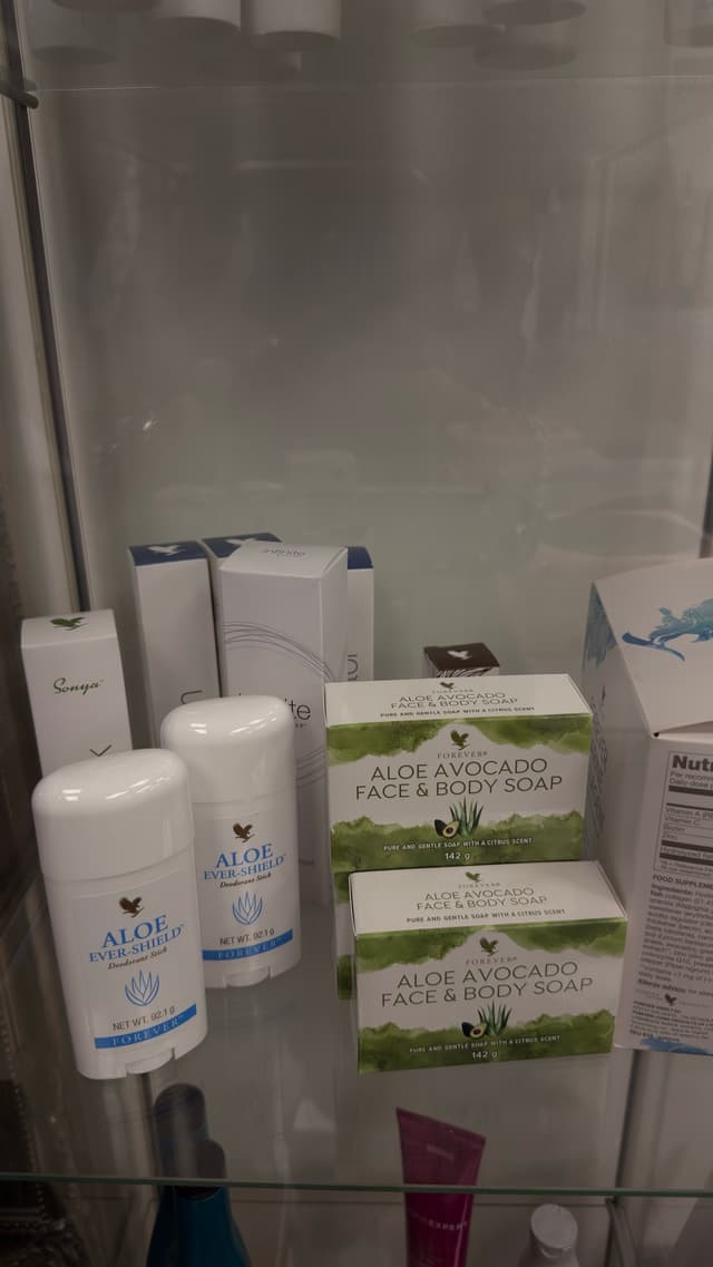 Forever Living aloe vera deodorant and soap products at Bita Hair Studio